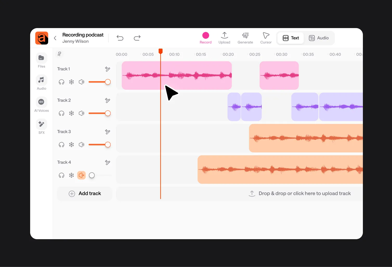 Official Async (formerly Podcastle) image of its multitrack audio editor with four tracks on a timeline