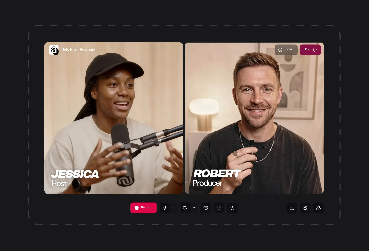 Official Async (formerly Podcastle) image of its remote recording studio with a host and producer on a video call