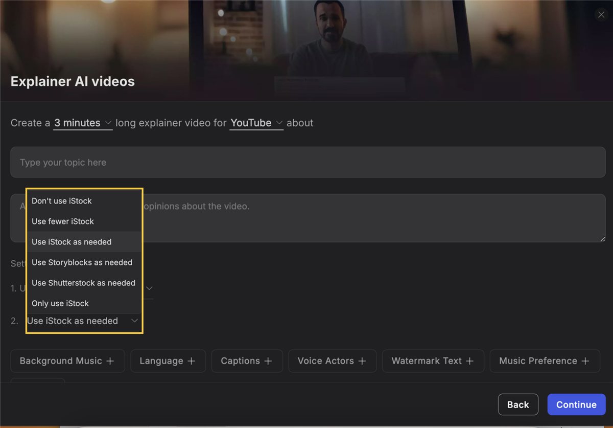 Official invideo help center screenshot showing the stock media dropdown with iStock, Storyblocks and Shutterstock options