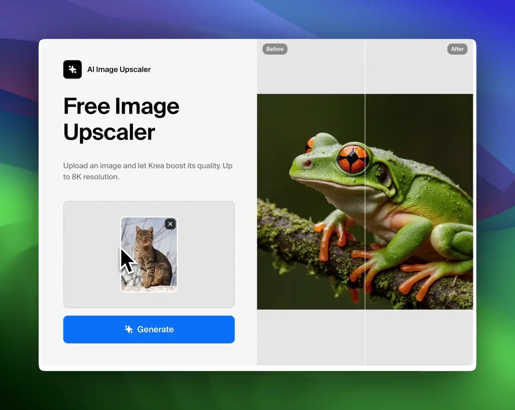 Official Krea image of the AI Image Upscaler showing a before and after comparison of a frog photo