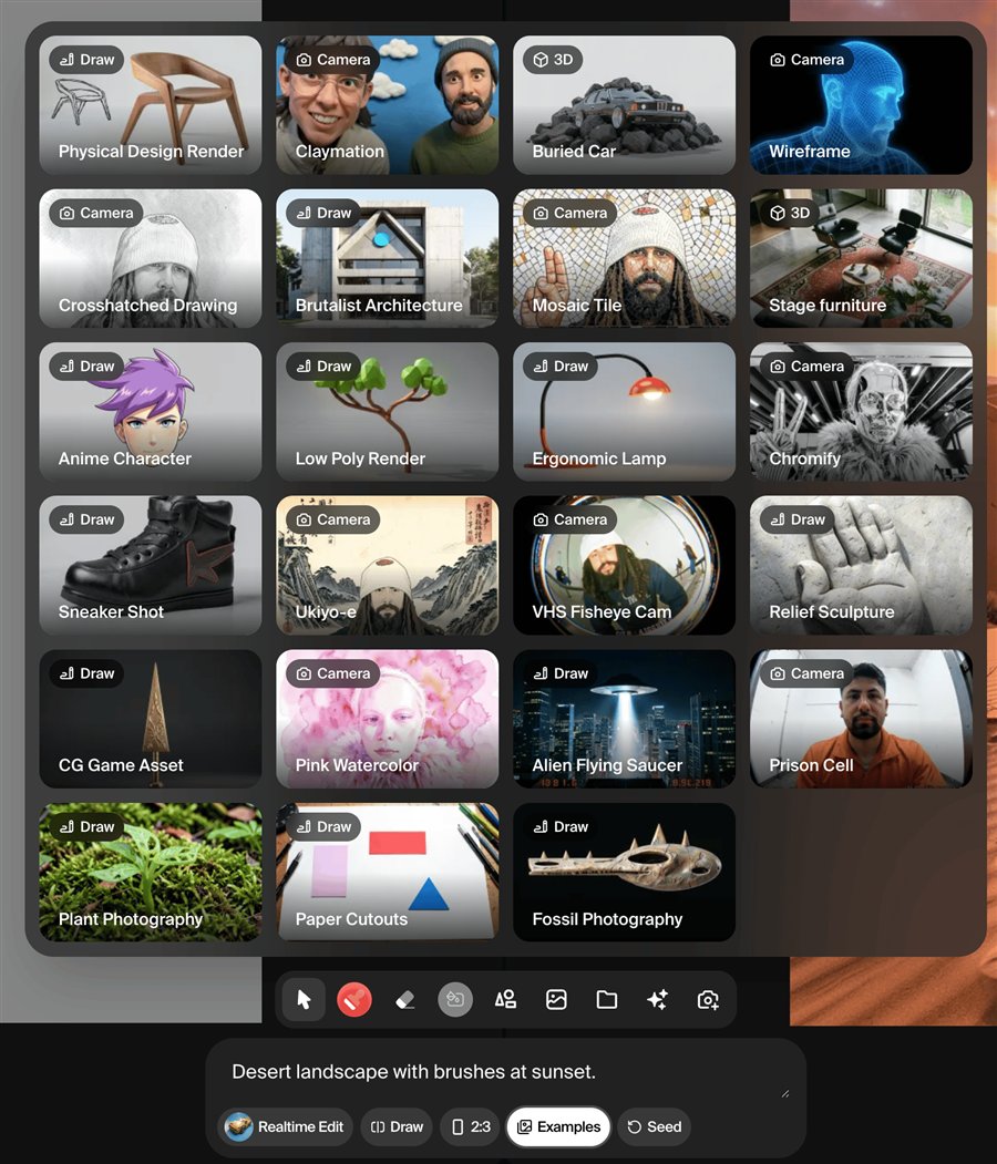 Official Krea documentation screenshot of the Realtime interface with example presets, drawing toolbar and prompt box