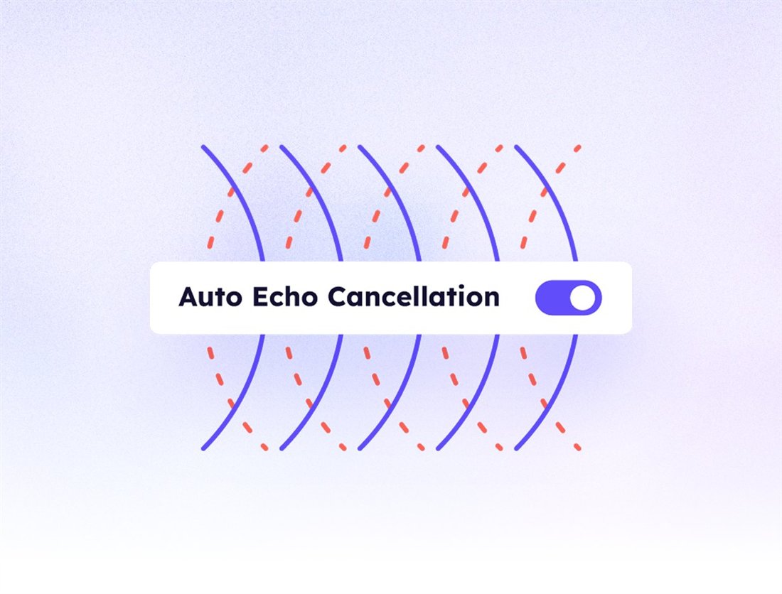 Official Krisp illustration of the Auto Echo Cancellation toggle switched on over stylized sound waves