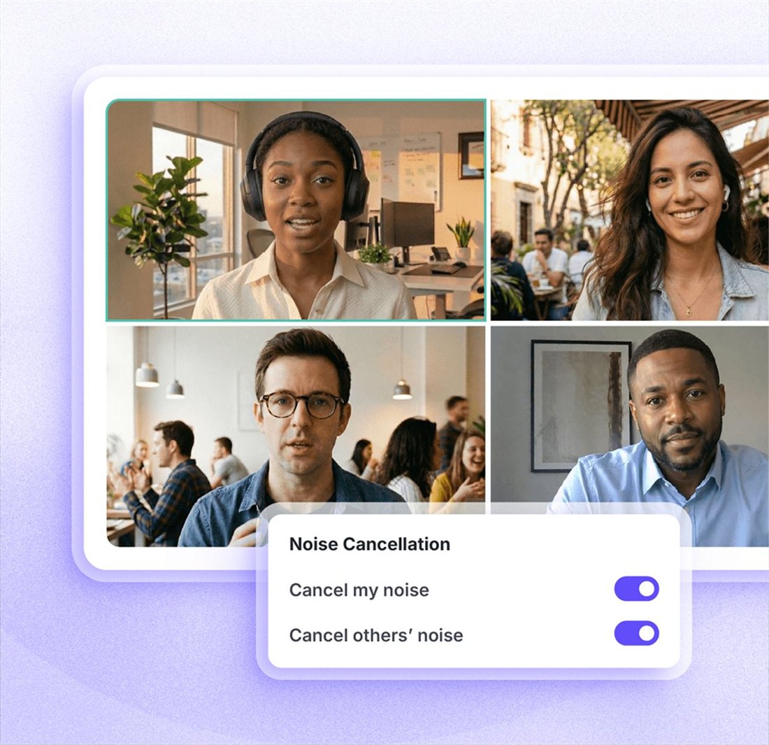 Official Krisp image of a video call grid with the Noise Cancellation panel and Cancel my noise and Cancel others noise toggles switched on