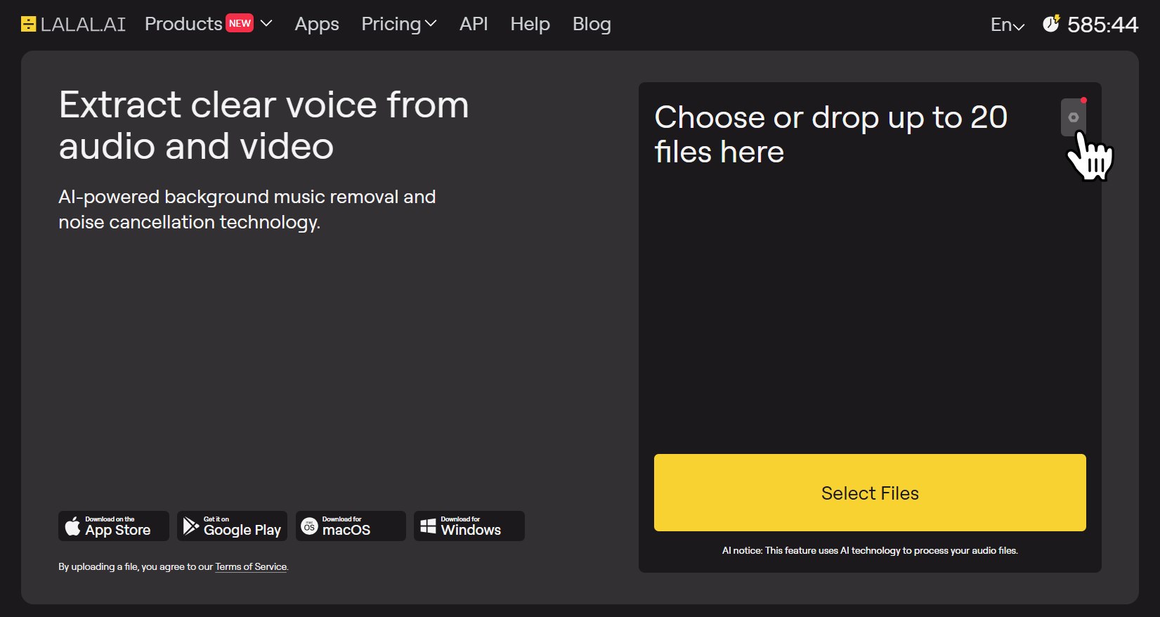 Official LALAL.AI screenshot of the Voice Cleaner upload page for extracting clear voice from audio and video