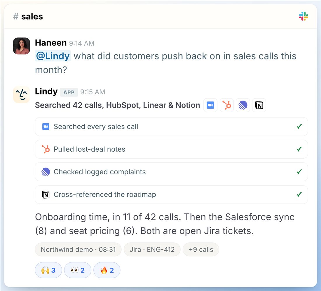 Official Lindy product image showing a teammate mentioning Lindy in a Slack sales channel and Lindy replying with the sources it searched