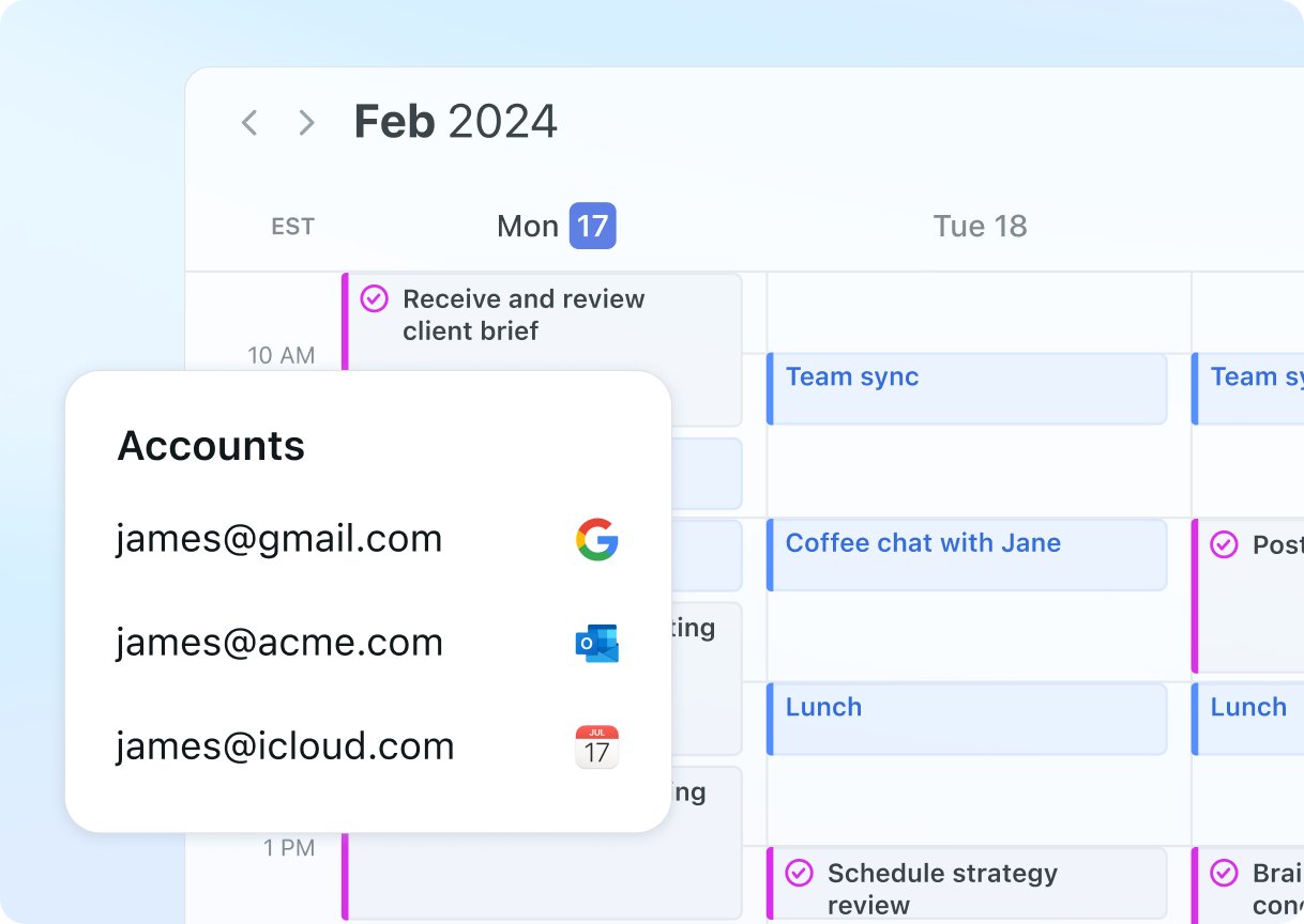Official Motion product image showing a weekly calendar with Gmail, work and iCloud accounts combined in one view