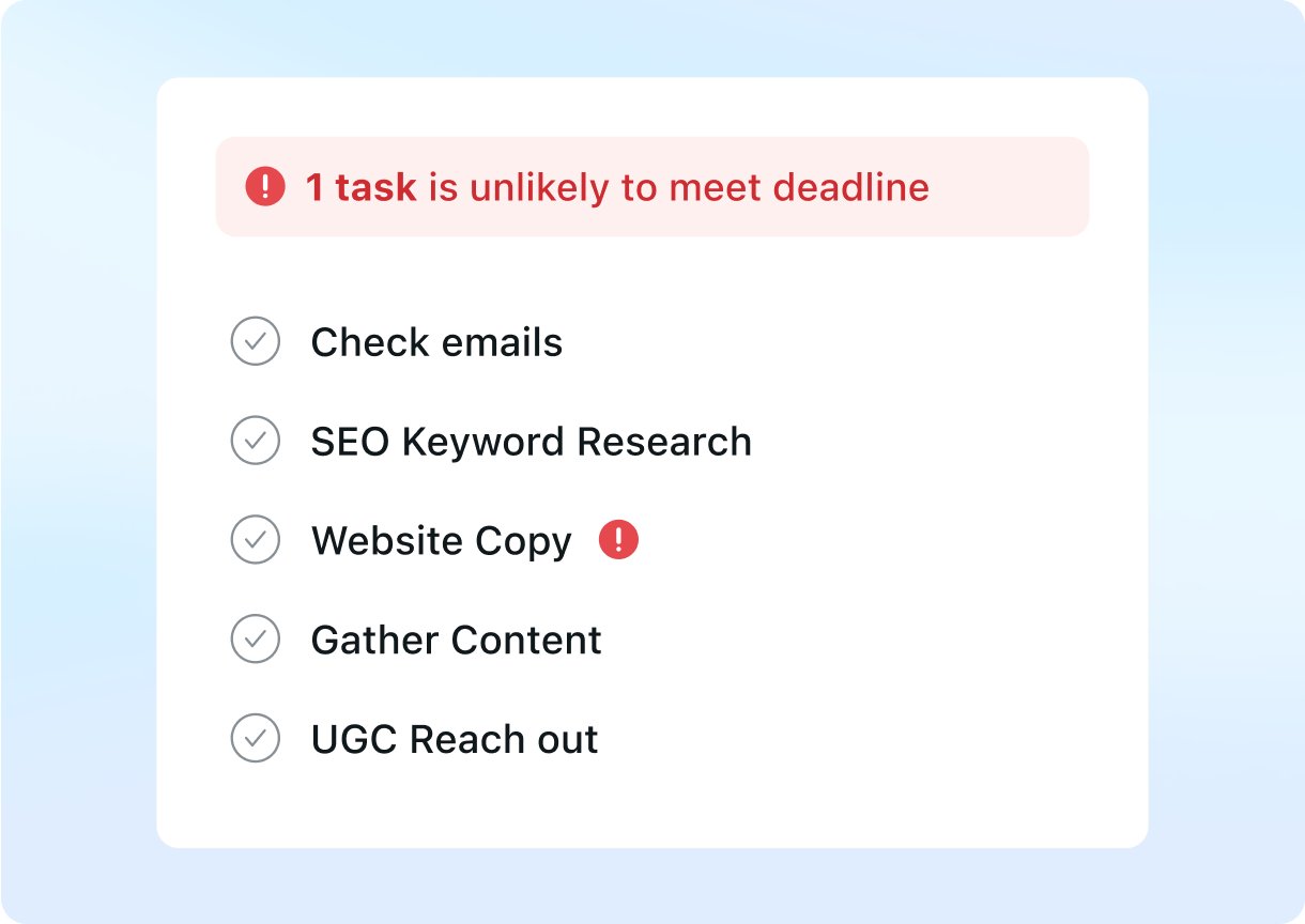 Official Motion product image showing a task list with a warning that one task is unlikely to meet its deadline
