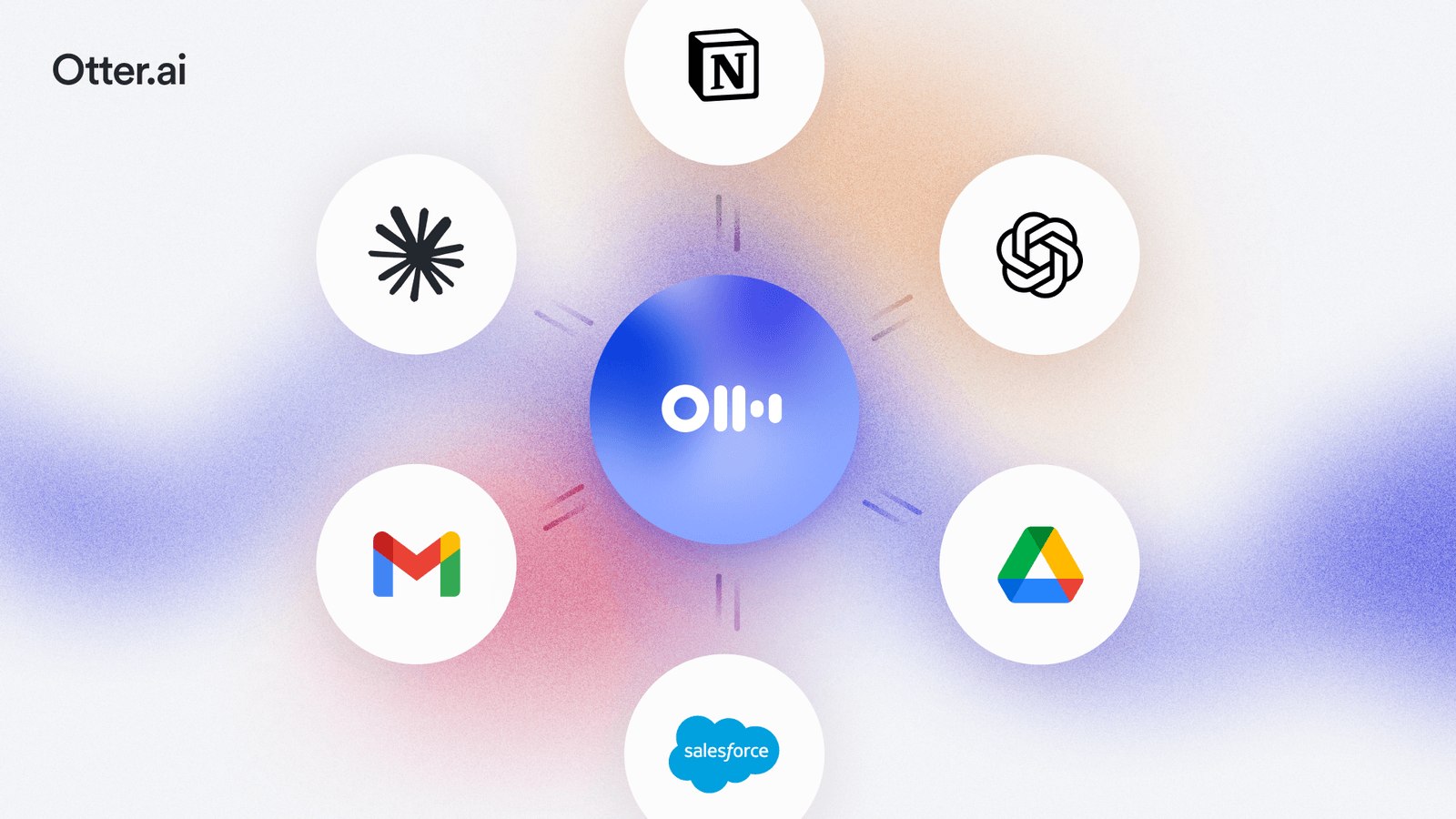 Official Otter.ai press graphic showing the Otter logo connected to Notion, ChatGPT, Claude, Gmail, Google Drive and Salesforce
