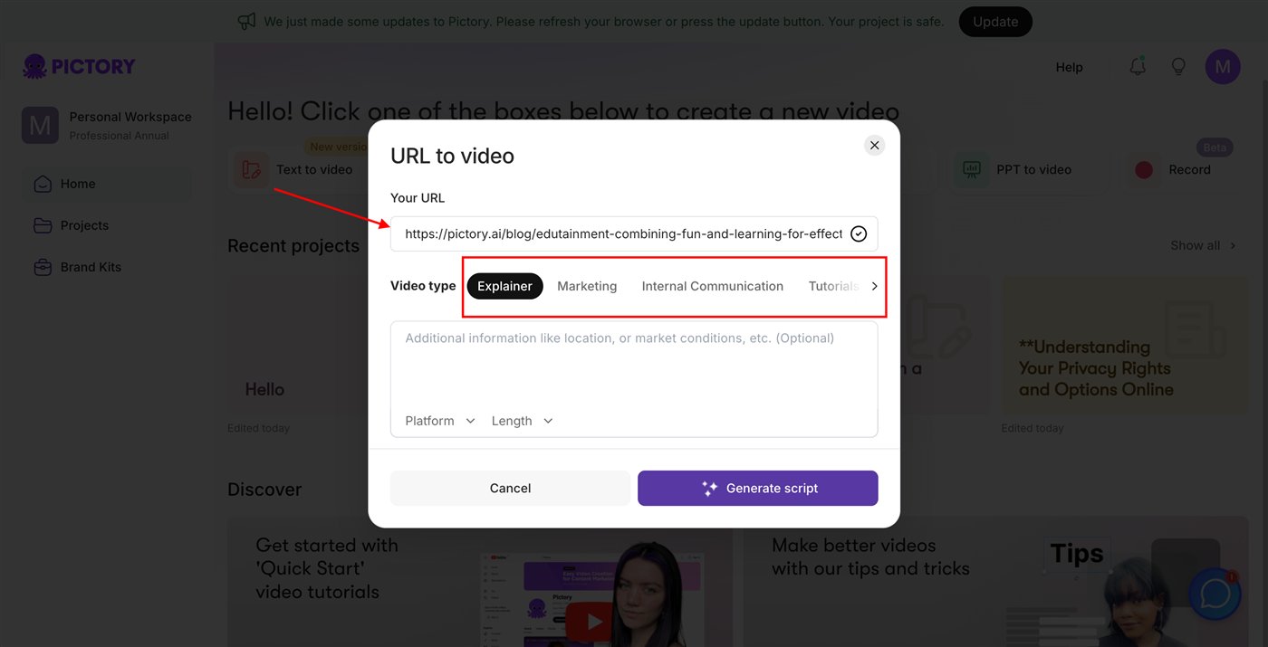 Official Pictory help center screenshot of the URL to video dialog with a blog URL entered and video type options