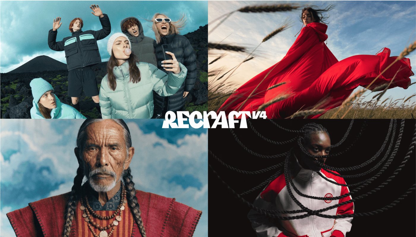 Official Recraft V4 launch visual showing a collage of AI-generated photographic and illustrated images with the Recraft V4 wordmark