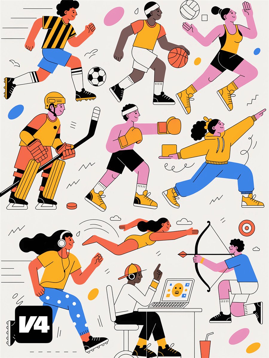 Official Recraft V4 Vector example: a flat illustration pattern of colorful people doing sports and everyday activities