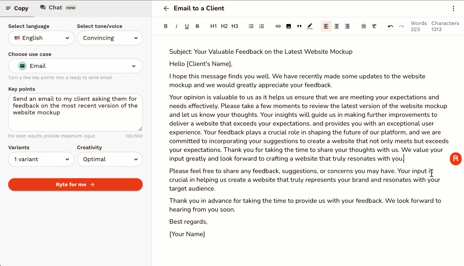 Still frame from Rytr official demo showing the use case panel with language, tone and key points next to a generated client email