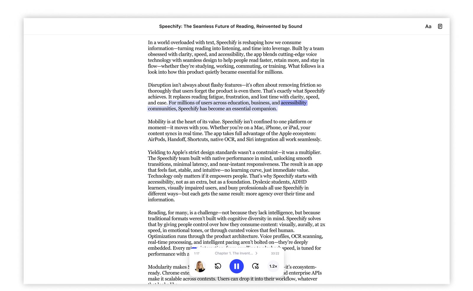 Official Speechify product screenshot of the Mac app reading an article aloud with highlighted text and playback controls