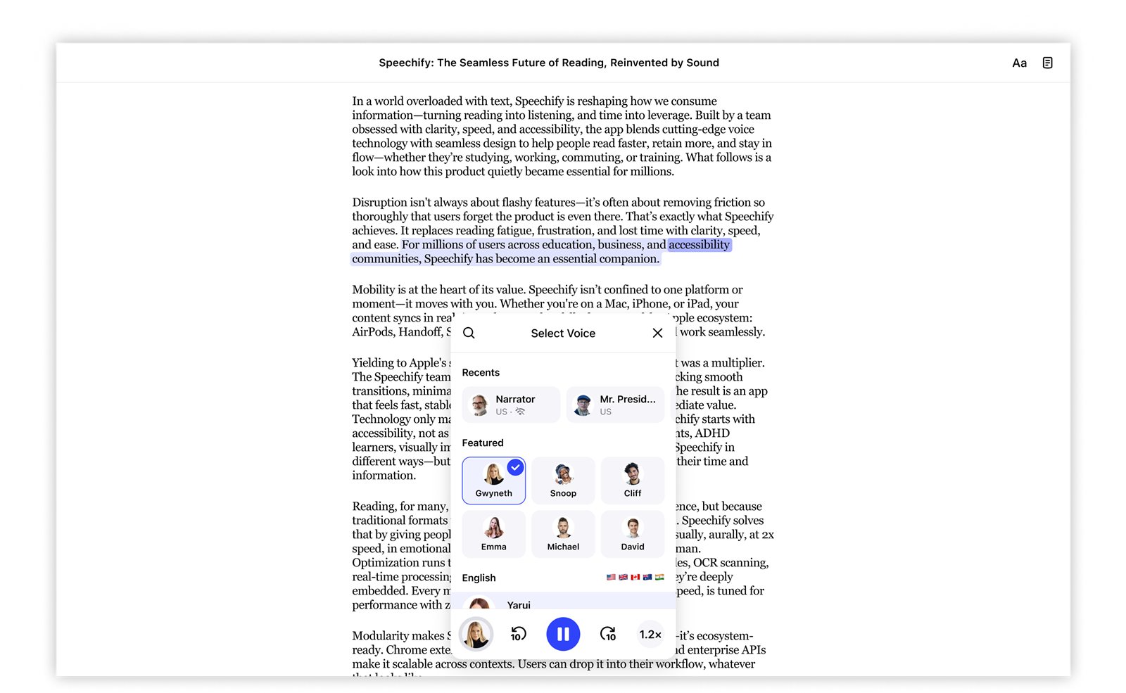 Official Speechify product screenshot of the voice picker showing featured and recent voices over an article