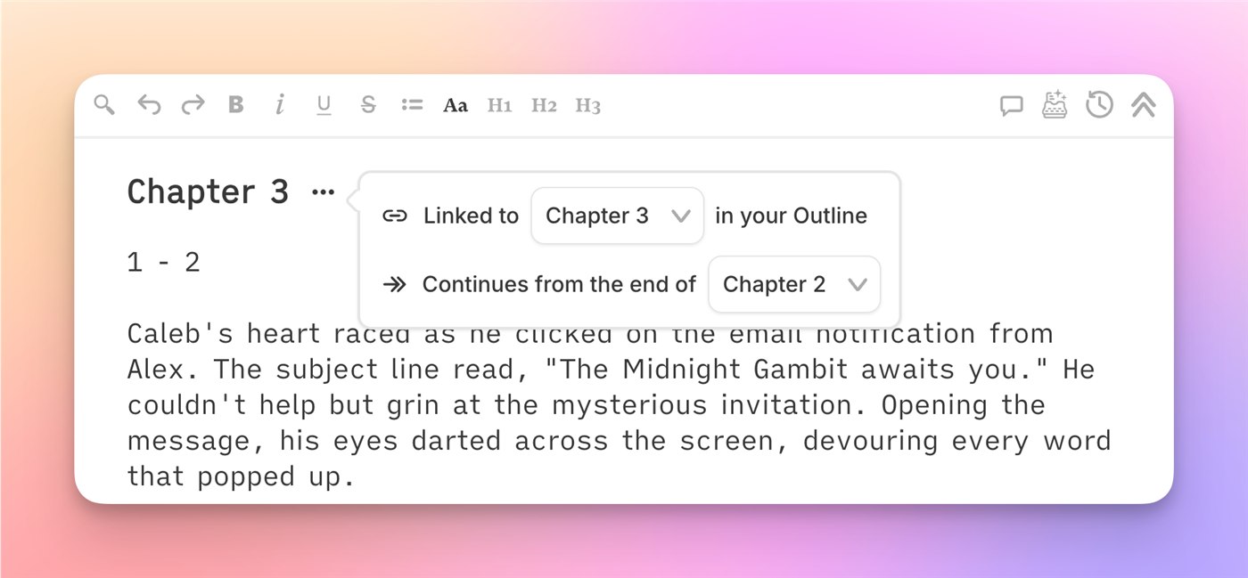Official Sudowrite screenshot of the chapter linking menu, linking Chapter 3 to the outline and continuing from the end of Chapter 2