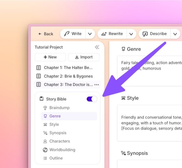 Official Sudowrite screenshot of the editor sidebar with Story Bible toggled on, showing Braindump, Genre, Style, Synopsis, Characters, Worldbuilding and Outline