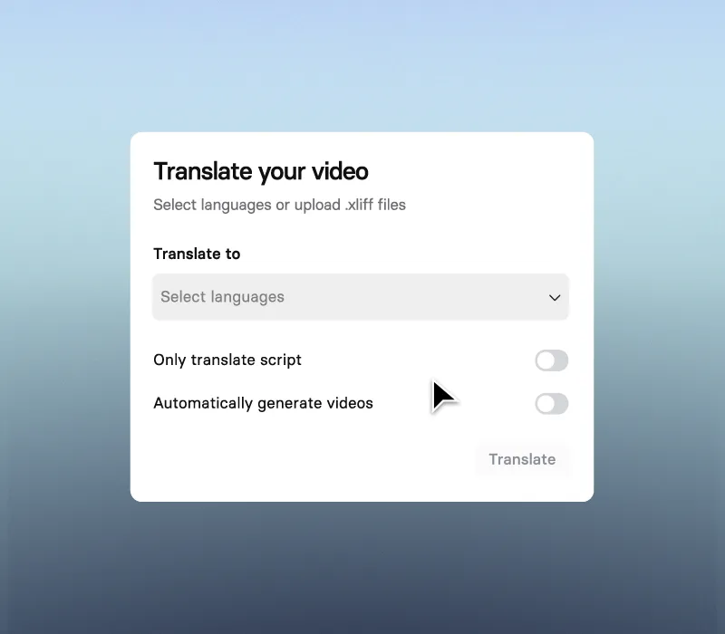 Official Synthesia product image of the Translate your video dialog with language selection and automatic video generation toggles