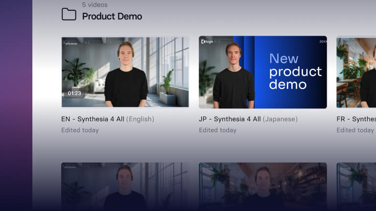 Official Synthesia interface image of a Product Demo folder with the same avatar video in English, Japanese and French versions