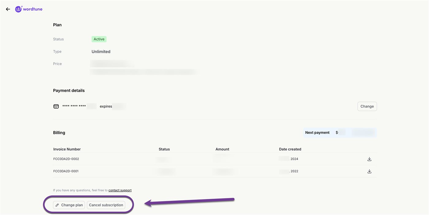 Official Wordtune help center screenshot of the account billing page with the Change plan and Cancel subscription buttons highlighted