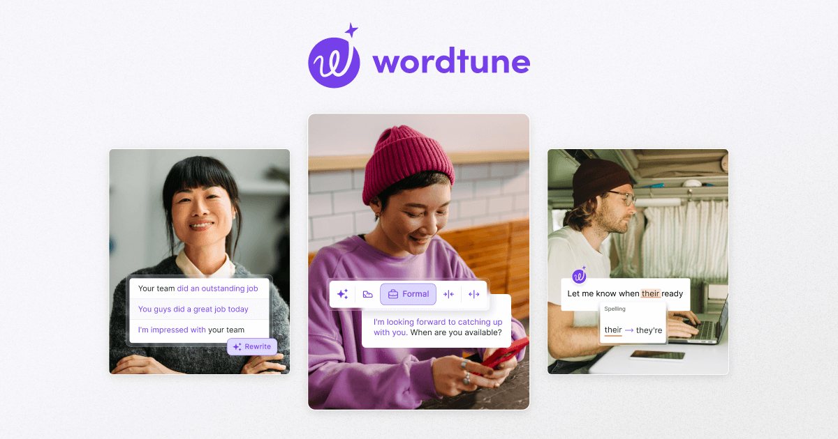 Official Wordtune promotional image showing rewrite suggestions, tone options and a spelling correction